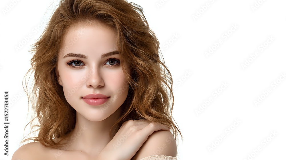 Fototapeta premium Young woman with natural makeup and wavy brown hair smiling confidently against white background, bare shoulders showing. Professional beauty portrait with soft lighting.