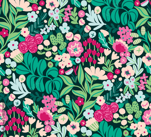 Bright colors summer floral hand drawn seamless vector pattern