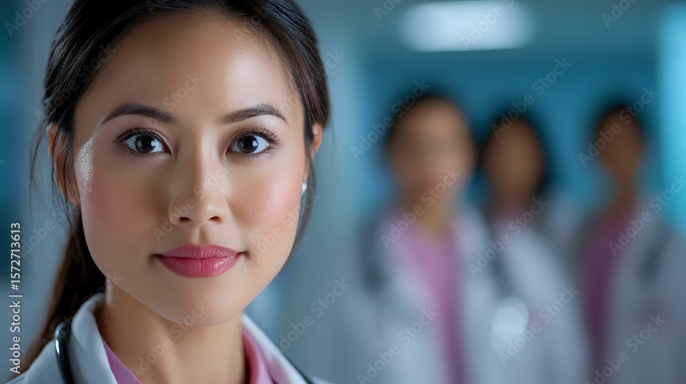 Fototapeta premium Young Asian female medical professional in white coat with confident expression, hospital corridor background with blurred medical team. Healthcare concept.