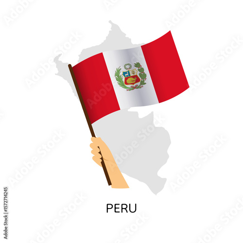 Hand holding Peru flag on map background