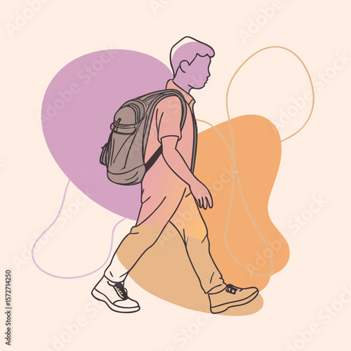 Silhouette of a schoolboy walking side view with backpack