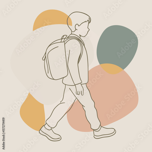 Silhouette of a schoolboy walking side view with backpack