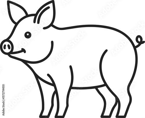 Simple outline drawing of a happy pig standing isolated on white background