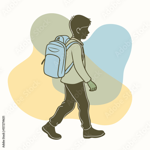 Silhouette of a schoolboy walking side view with backpack
