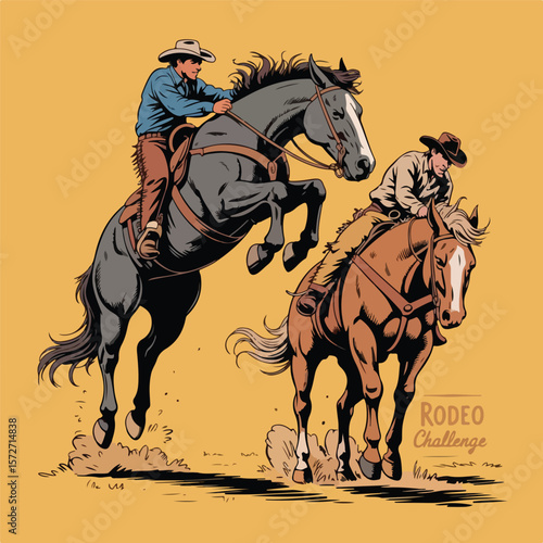 Dynamic Rodeo Illustration of Bucking Broncos with Riders – Western Style Side Profile

