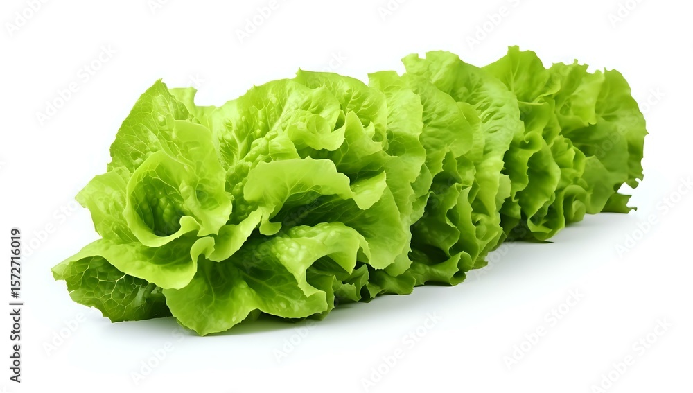 Fresh green lettuce leaves arranged in row showing crisp, curly texture on pure white background, isolated organic produce for food and cooking designs. Fresh green lettuce leaves arranged in row showing crisp, curly texture on pure white background, isolated organic produce for food and cooking designs.