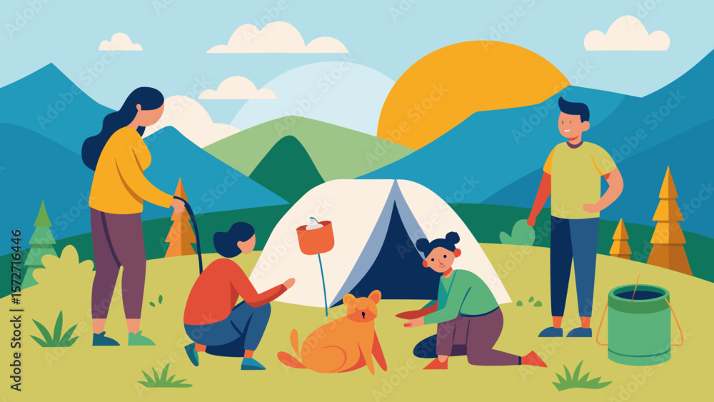 Fototapeta premium Family camping in the mountains with a dog, setting up a tent and enjoying nature at sunset