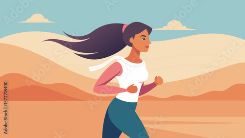 Woman running through desert landscape with long hair flowing and mountains in the background