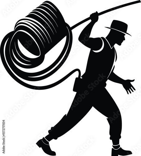 electrician man carrying coil of cable vector black