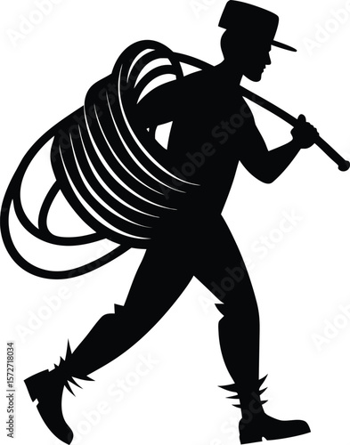electrician man carrying coil of cable vector black
