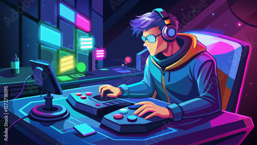 A man is playing a video game with a keyboard and a mouse. He is wearing headphones and a hoodie
