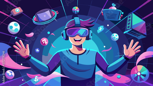 A man is wearing a VR headset and pointing to a globe. The image is a colorful and vibrant representation of the world, with various objects and symbols scattered around the man
