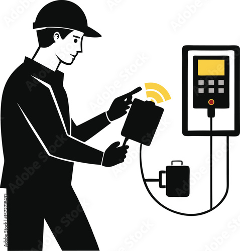 electrician man checking data logger vector black silhouette