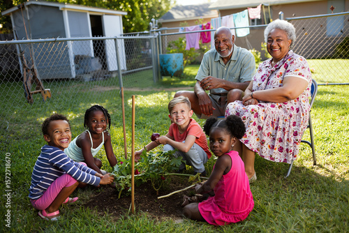 family grows vegetables in the garden
