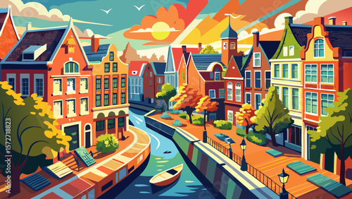 Bright day with canal houses along Oude Gracht wharf quay in Utrecht, The Netherlands. Aerial Dutch medieval urban city planning development. Holland tourist destination