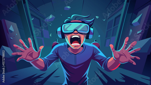 A man in a virtual reality game is in a dark room with his hands outstretched. He is wearing a pair of virtual reality goggles and he is in a state of panic. Concept of danger and excitement
