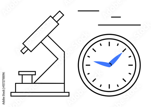 Microscope and clock with blue hands, merging concepts of scientific research and time focus. Ideal for science, innovation, time management, productivity, education, laboratory, simple landing page
