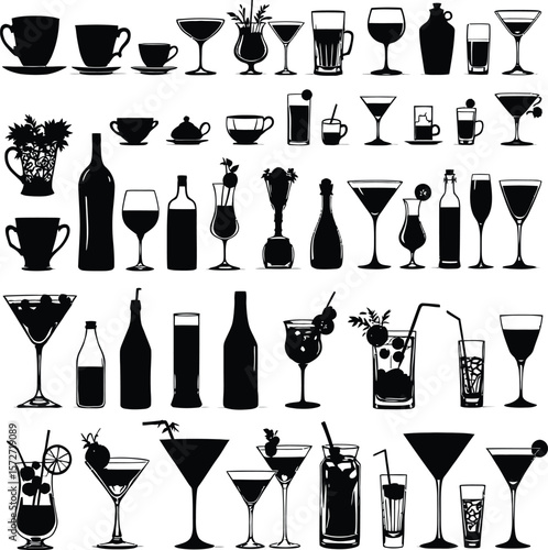 black and white hand-drawn drinkware silhouette grid — 72 minimalist icons of bottles, glasses, mugs, and cups for beverage design