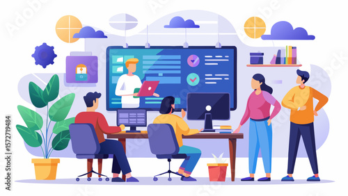 A group of people are working together on a project, with a man pointing to a screen. Concept of collaboration and teamwork, as the group members are all focused on the task at hand