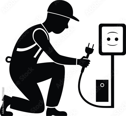 electrician man fixing outlet vector black silhouette