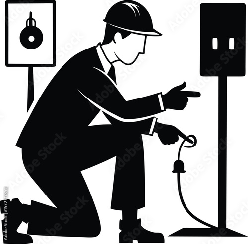 electrician man fixing outlet vector black silhouette