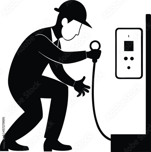 electrician man fixing power outlet vector black silhouette