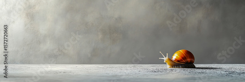 Close-up of a snail slowly crawling on a rough concrete surface, slow business growth, economic challenges