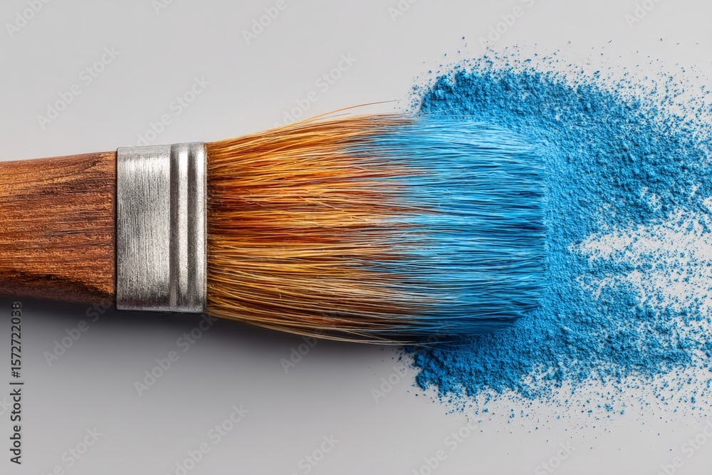 Fototapeta premium Brush coated with vibrant blue paint resting beside colorful powder in a creative workspace setup