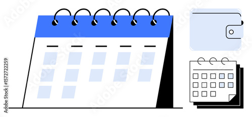 Desktop calendar with spiral binding, wallet illustration, and stacked pages emphasize planning, scheduling, financial tracking, productivity, and organization. Ideal for business, education