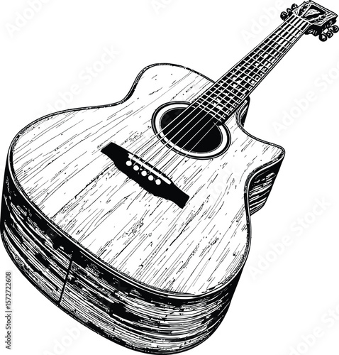 black and white acoustic guitar silhouette — hand-drawn musical instrument illustration for creative and cultural themes