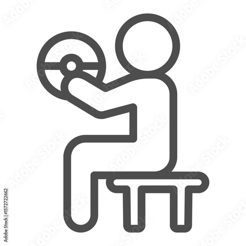 Man with barbell on chair line icon, body building concept. Vector graphics. Athlete man with heavy bar, sport training sign on white background, outline style icon for mobile or web design.