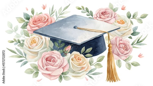 Watercolor Blush and Cream Roses Wreath on Graduation Cap Pastel Clipart White Background