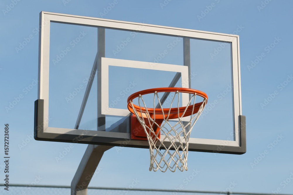 Naklejka premium A realistic basketball backboard and hoop with a bright orange rim and white net, mounted on a transparent glass backboard
