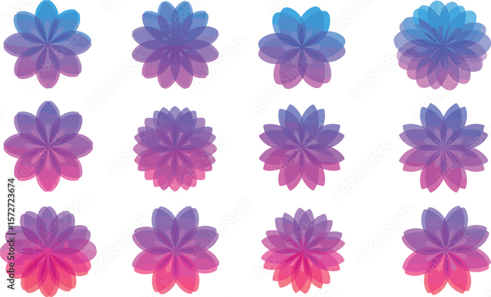 Colorful abstract gradient flower shapes set, modern overlapping petal designs, blue purple pink tones for logo, decoration, or background use. Colorful abstract gradient flower shapes set, modern overlapping petal designs, blue purple pink tones for logo, decoration, or background use.