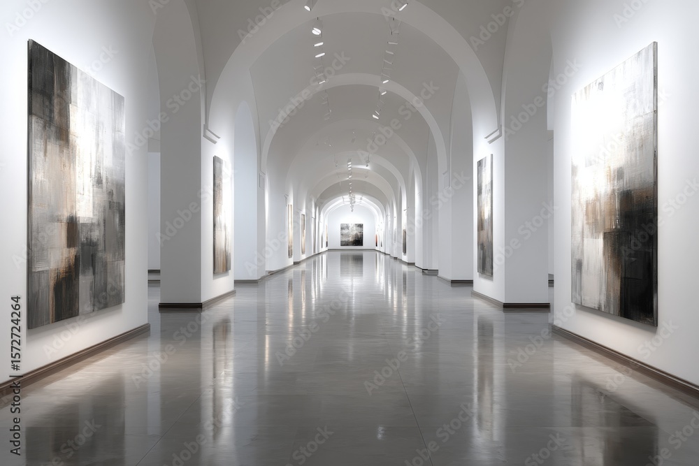 Fototapeta premium Modern art gallery features spacious corridor with large abstract paintings on white walls and polished floor in bright lighting