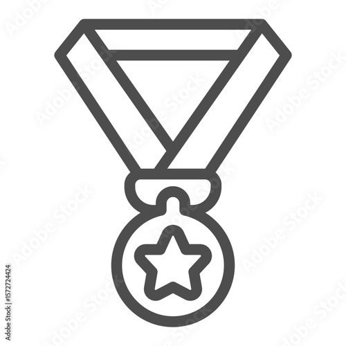 Winner medal with ribbon line icon, baseball game concept. Vector graphics. Medal with star, sport award sign on white background, outline style icon for mobile or web design.