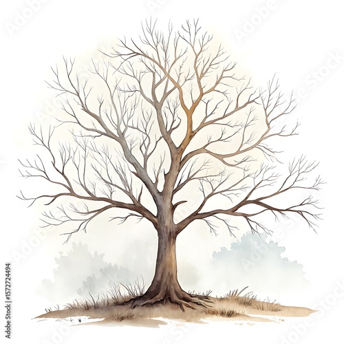 Watercolor Dead Tree Clipart Silhouette with Bare Branches on White Background