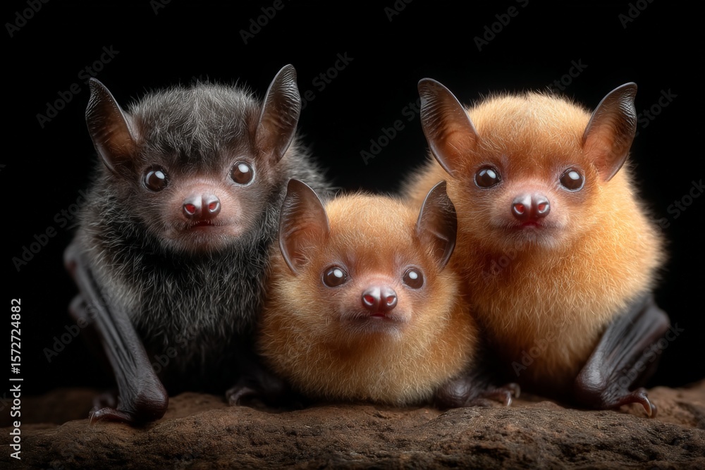 Fototapeta premium Three cute bats resting together on a branch in a dark environment at night