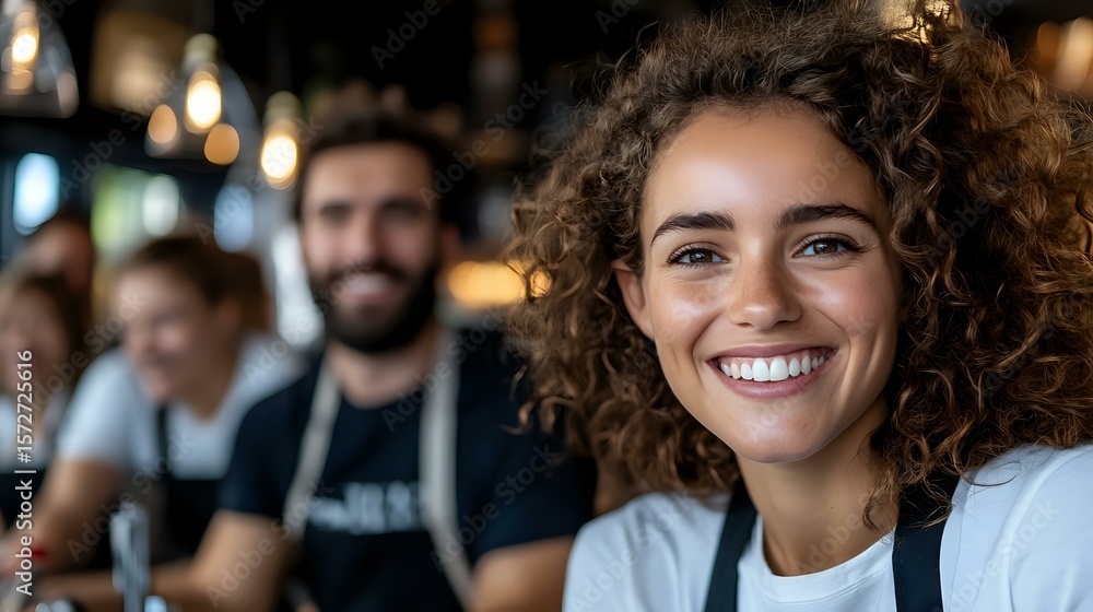 Obraz premium Young Mediterranean woman with curly hair and bright smile working as barista in modern coffee shop with coworkers in background, hospitality industry concept.