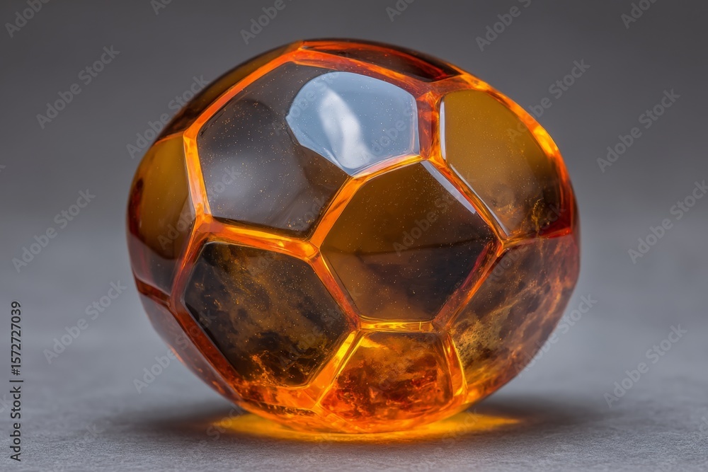 Naklejka premium Crafted resin soccer ball displays vibrant orange hues and intricate hexagonal patterns for decorative purposes