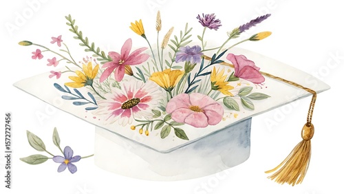 Watercolor Wildflowers Bright Summer Colors on Graduation Cap Boho Clipart White Background