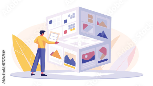 Man interacting with a cube structure displaying various images and interface elements near a leaf