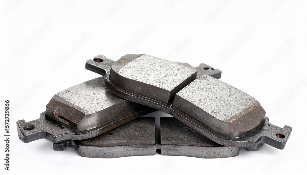Pair of automotive brake pads displayed on white surface Pair of automotive brake pads displayed on white surface