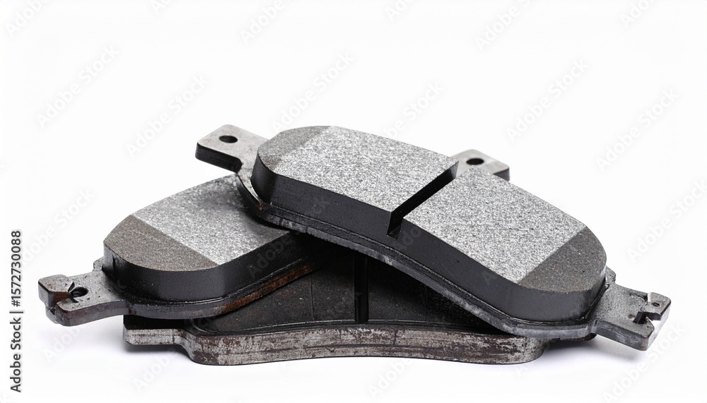 Pair of automotive brake pads displayed on white surface Pair of automotive brake pads displayed on white surface