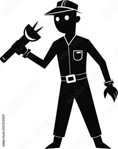 electrician man with flashlight vector black silhouette