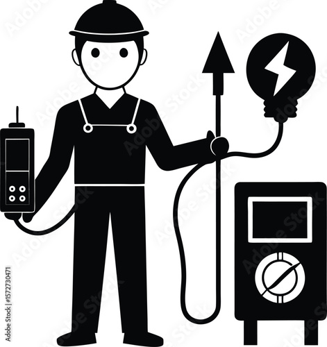 electrician man with multimeter vector black silhouette
