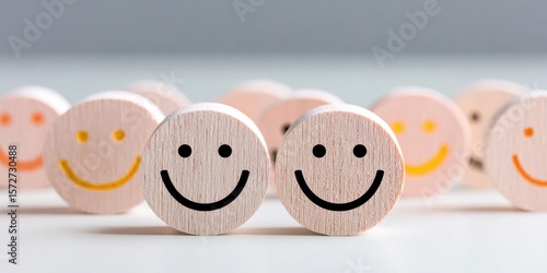 Close Up of Multiple Round Wooden Smiley Faces on Neutral Background