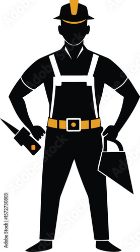 electrician man with tool belt vector black silhouette