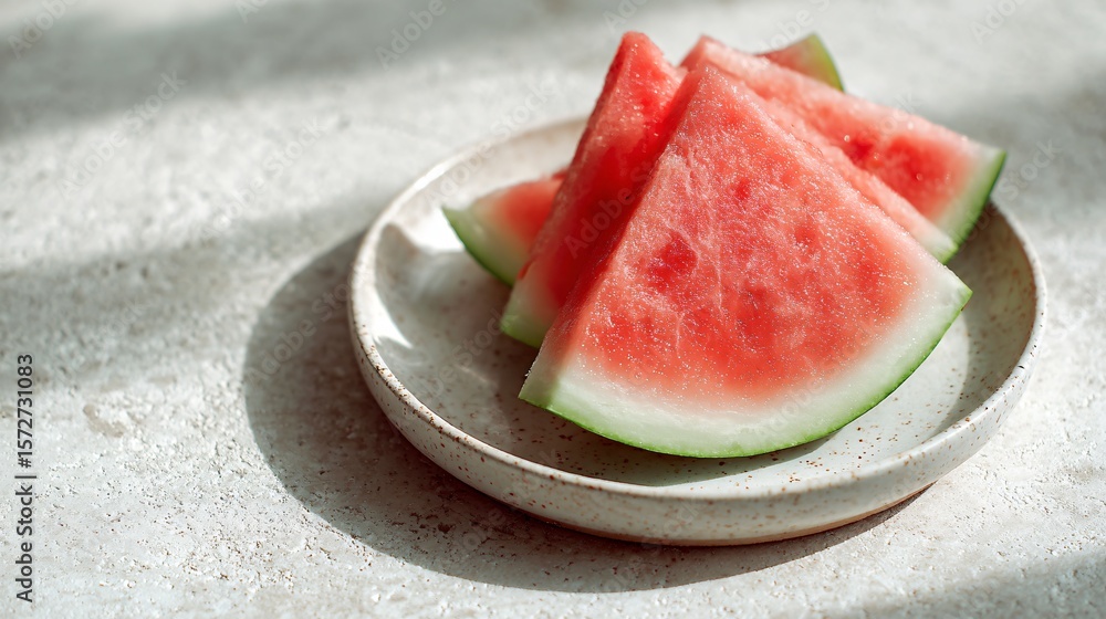 Slice of watermelon on a pale terrazzo plate, upper right, blurred area below for text Slice of watermelon on a pale terrazzo plate, upper right, blurred area below for text