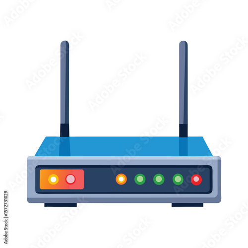 A router with blinking lights, on a plain white surface, for internet, network, connectivity, or home technology.